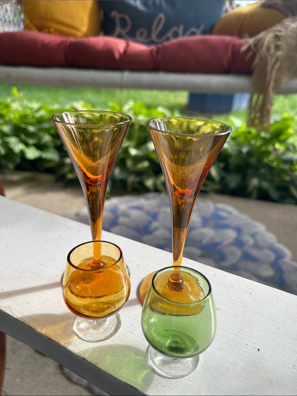 Vintage Amber and Green Cordial Glasses